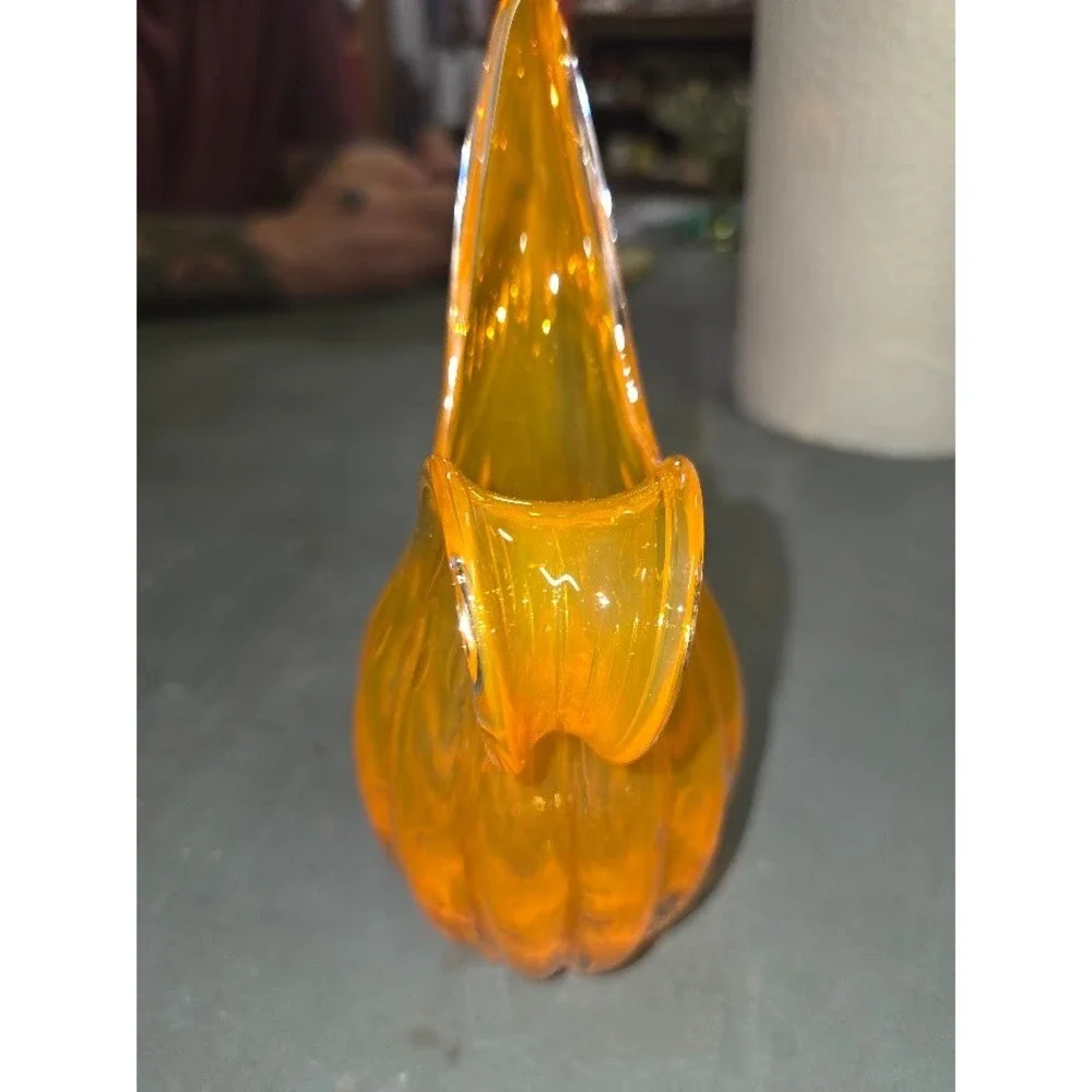 Vintage Amber Art Glass Jack in the Pulpit Pitcher Vase Ribbed Hand Blown 7.5